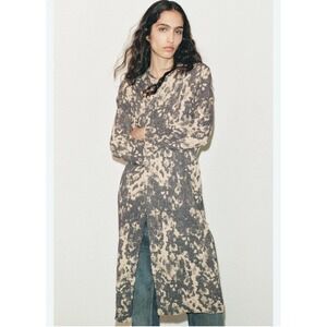 ZARA Jacquard Knit Sweater Women's Small Gray Gold Longline Textured Cardigan